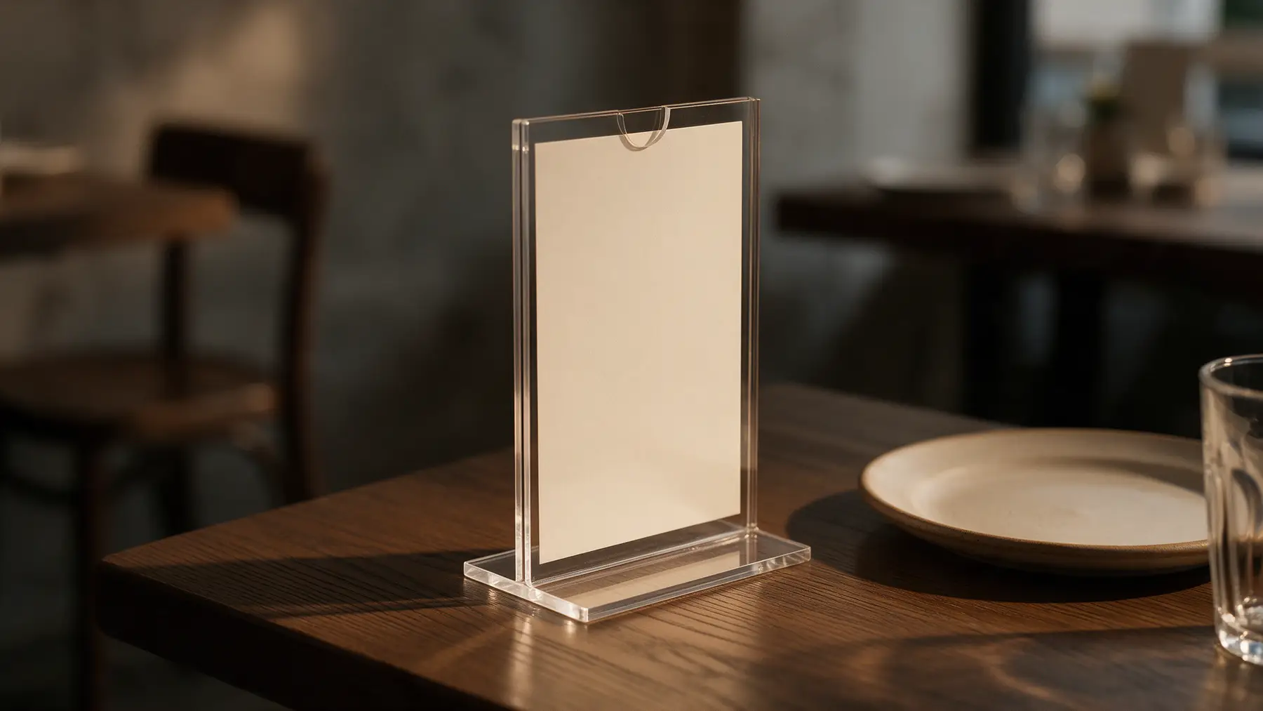 Dwustronny menu holder z plexi z kremową kartą na dębowym stoliku bistro obok talerza